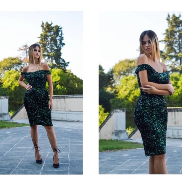 BNWT Retro Stage GREEN 1960S SEQUINS OFF-SHOULDER PENCIL DRESS Size L $99.89 USD - Picture 2 of 7